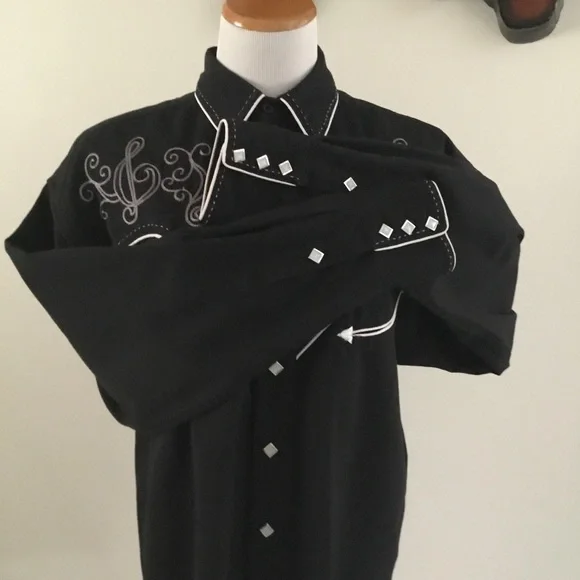 Panhandler Slim Western Wear Black Embroidered Pearl Diamond Snap Button Shirt - Picture 11 of 14